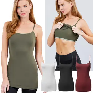 Women's Cotton Long Cami Adjustable Spaghetti Strappy With Built in Shelf Bra Tank Top