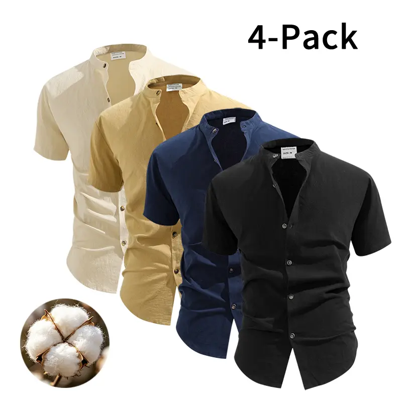 4-Pack Men’s 100% Cotton Summer Short Sleeve Shirts – Lightweight, breathable solid-color button-up casual shirts with a stand collar and low-cut collar design; ideal for beach vacations, pool parties, and casual wear; beach shirt; gift for husband