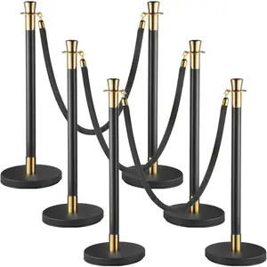 VEVOR Crowd Control Stanchion, Set of 6 Pieces Stanchion Set, Stanchion Set with 5 ft/1.5 m Black Velvet Rope, Black Crowd Control Barrier with Sturdy Concrete and Metal Base – Easy Connect Assembly
