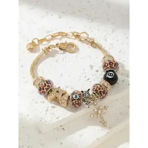 1pc Women 8 Ball Charm Bracelet, Star & Cross Charm Bracelet, Leopard Print & Minimalist Charm Bracelet, Adjustable Couple Braceletxhj