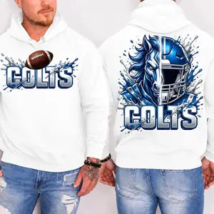 Colts Football 2 Sided Hoodie, Football Player T-shirt, Sports Apparel, Blue Helmet & Bow Pullover Classic T-shirt, Graphic Printed Streetwear Top, 100% Cotton, Gift For Fans