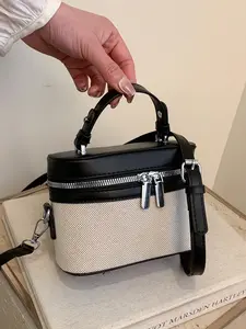 Vintage Box Bag, Canvas Leather Crossbody Bag, Retro Vanity Handbag, Minimalist Commuter Bag, French Style Top Handle Bag