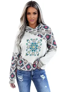 Women Boho Aztec Tribal Geometric Print Hooded Sweatshirt Long Sleeve Drawstring Hoodie with Kangaroo Pocket, Casual Loose Fit Ethnic Style Pullover Top for Daily & Weekend Wear