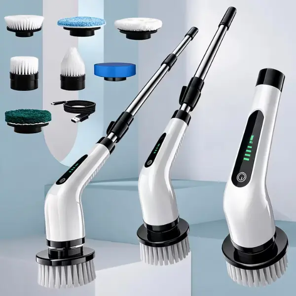Electric Spin Scrubber Cordless Full Body Waterproof Cleaning Brush with Displaying Battery Level, 7 Replaceable Heads, Dual Speed, and Detachable Telescopic Handle for Kitchen Living Room Bathroom Scrubber Brush