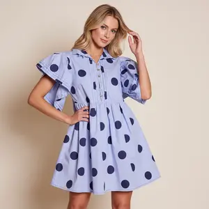 Women's Polka Dot Mini Dress - Collared Puff Sleeve Babydoll Dress for Casual & Vacation
