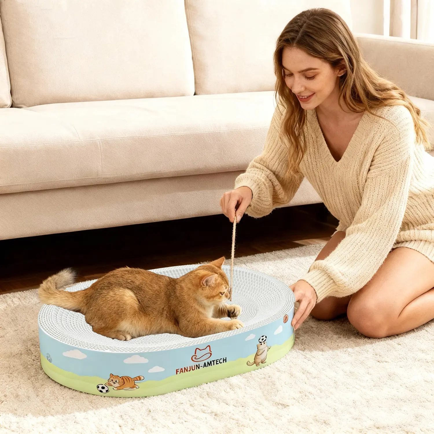 FANJUN-AMTECH Advanced Reinforced Corrugated Paper Cat Scratching Board, Classic Cartoon Print, Anti-Slip Base, Large Play Space, Durable, No Paper Scraps, Cat Furniture for Play & Rest Cat Furniture cool cat stuff for indoor tiktokshopsummersale