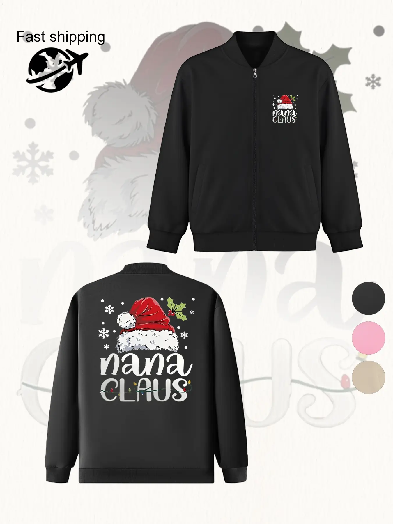 Funny Santa Claus Christmas Family Gifts, Women's Fitted Zipper Jacket, Casual Graphic Letter Pattern, Fall Winter Outerwear