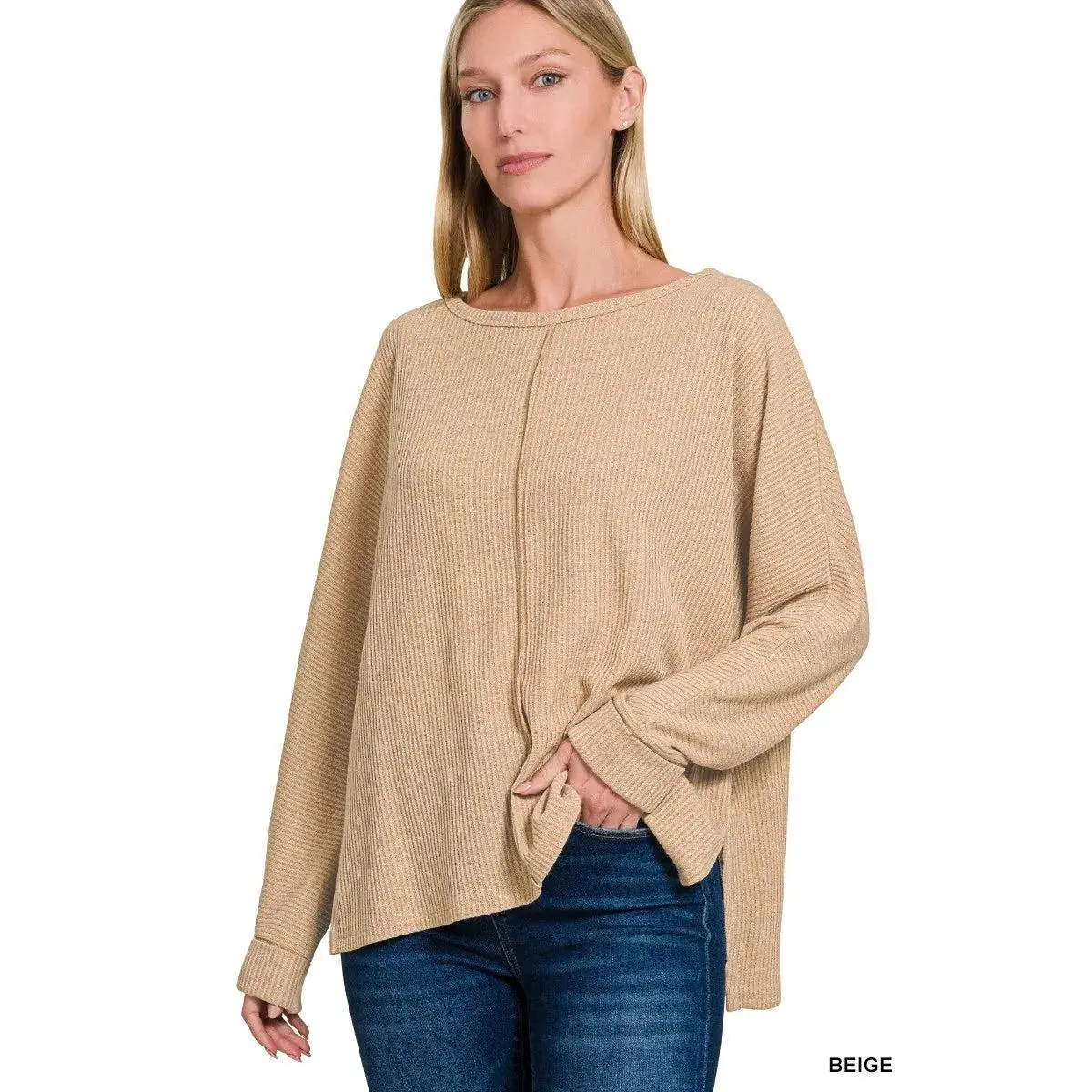 Zenana Ribbed Center Seam Dolman Sleeve Hi Low Sweater