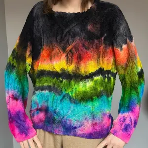 L-XXL 100% Merino Wool Black Rainbow Womens Sweater Pullover Knit Crochet Tiedye