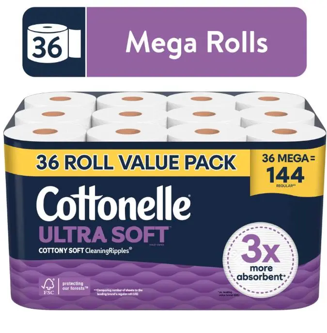 Cottonelle Ultra Soft Toilet Paper, 36 Mega Rolls – Premium Soft & Absorbent Bathroom Tissue, 2-Ply, Strong & Gentle, Family Value Pack