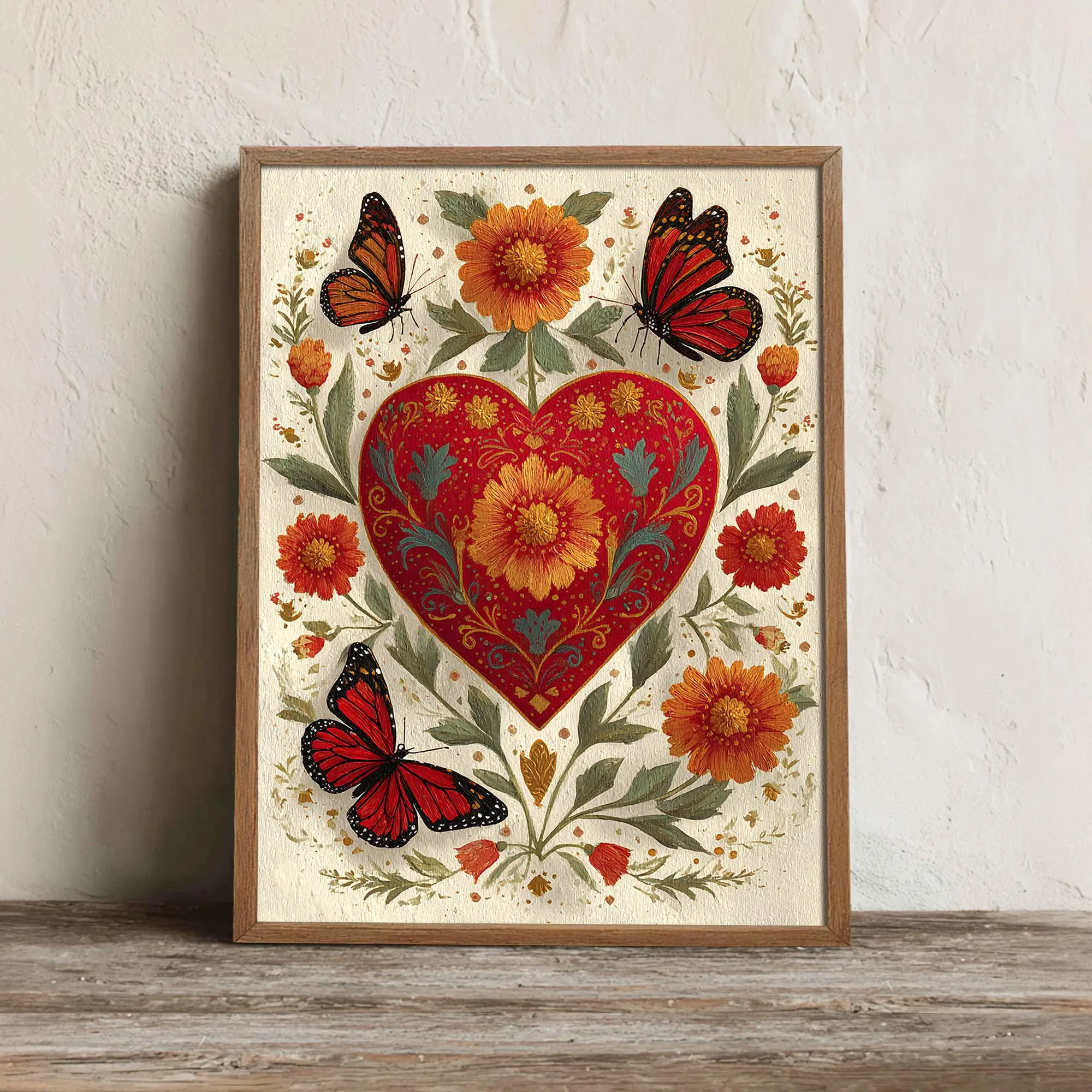 [UNFRAMED] Mexican Sacred Heart Print Poster, Monarch Butterfly Wall Art