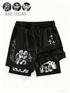 Unisex design; angelic crossprint shorts; blend of religious aesthetics and urban street style. Cross-stitch pattern; perfect for casual summer wear and everyday gatherings; versatile and suitable for daily wear.