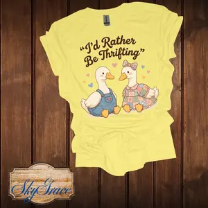 SkyGrace "I'd Rather Be Thrifting" Women's T-Shirt with Adorable Duck Design in Soft Yellow
