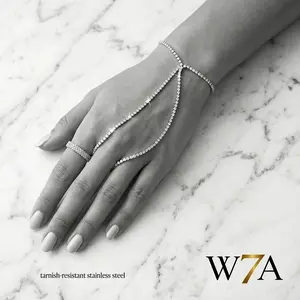 Rhinestone Hand Chain & Ring Bracelet Set | Stainless Steel Zirconia Jewelry for Women