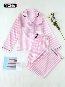 Two-Piece Set Women's Striped Print Lapel Neck Fitted Pocket Shirt & Bow Decor Pants Satin Pyjama, Long Sleeve Button Up Top & Trousers PJ Set, Women's Sleepwear & Loungewear for Spring & Fall Pajamas