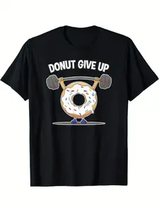 Men's Funny "Donut Give Up" Weightlifting Donut Graphic T-Shirt - Casual Short Sleeve Round Neck Tee for Gym & Casual Attire, All-Season Comfort, Machine Washable, Motivational Workout Wear, Playful Print Shirt, Regular Fit Shirt