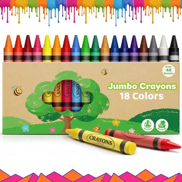 Toddlers' Jumbo Crayons, 18-Color Easy-Grip Silky Washable Non-Toxic BPA-Free Set for 1-3 Years, Kids' Educational Arts & Crafts Supplies, Classroom Gifts That Encourages Creativity & Motor Skills Enhancement