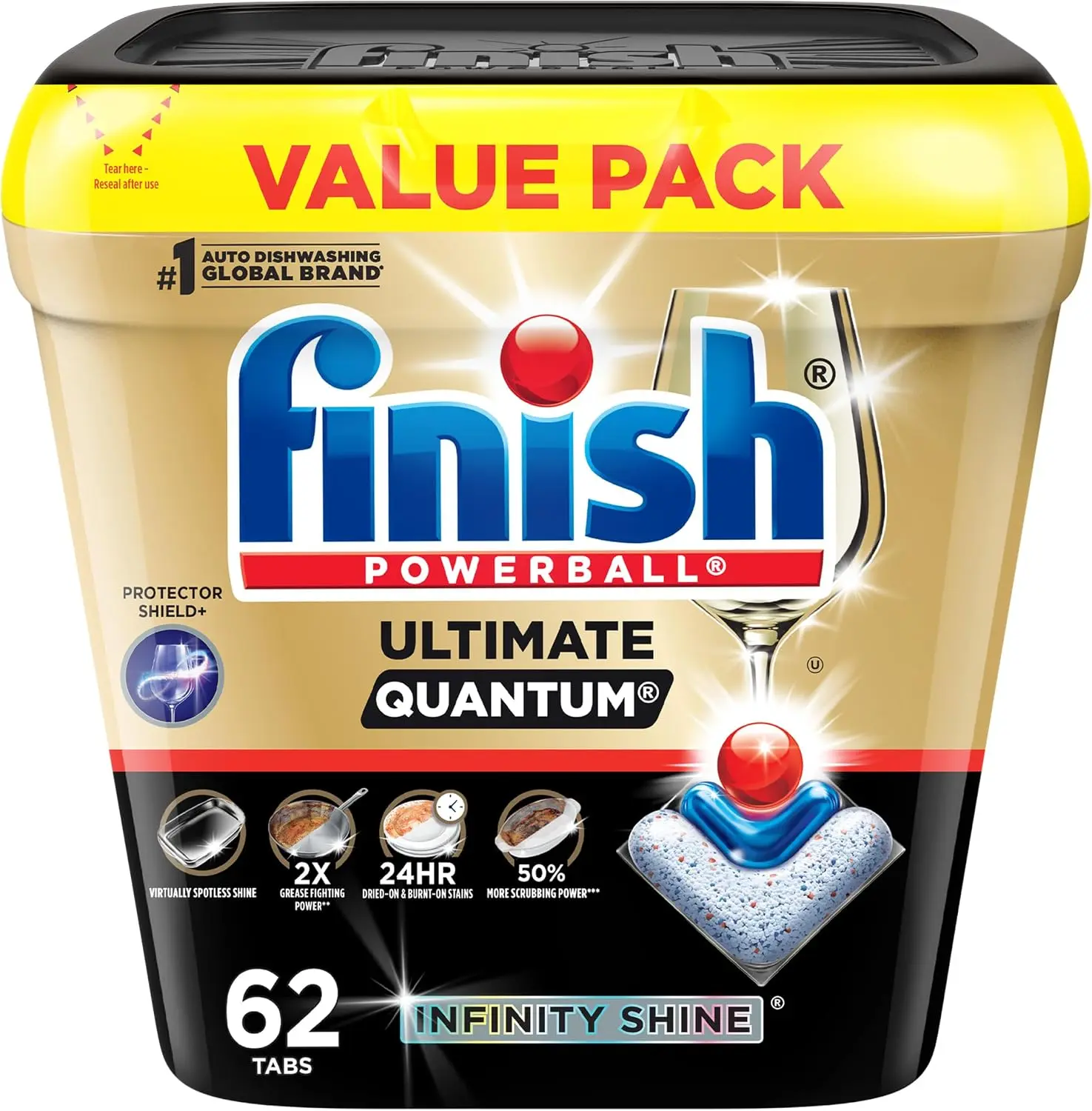 Finish Ultimate Quantum Infinity Shine Dishwasher Detergent Pods, 62 Count, Fresh Scent, Removes Tough Burnt-On & Dried-On Stains