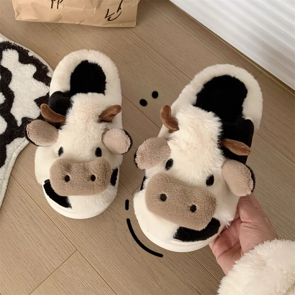 Fuzzy Warm Cow Slippers Slides for Women House Slippers for Woman Likable Handy Cartoon Animal Sandals Women Home Indoor