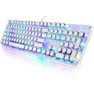 Typewriter Style Mechanical Gaming Keyboard RGB Backlit Wired with Blue  Retro Round Keycap 104  Keyboard (R-White)
