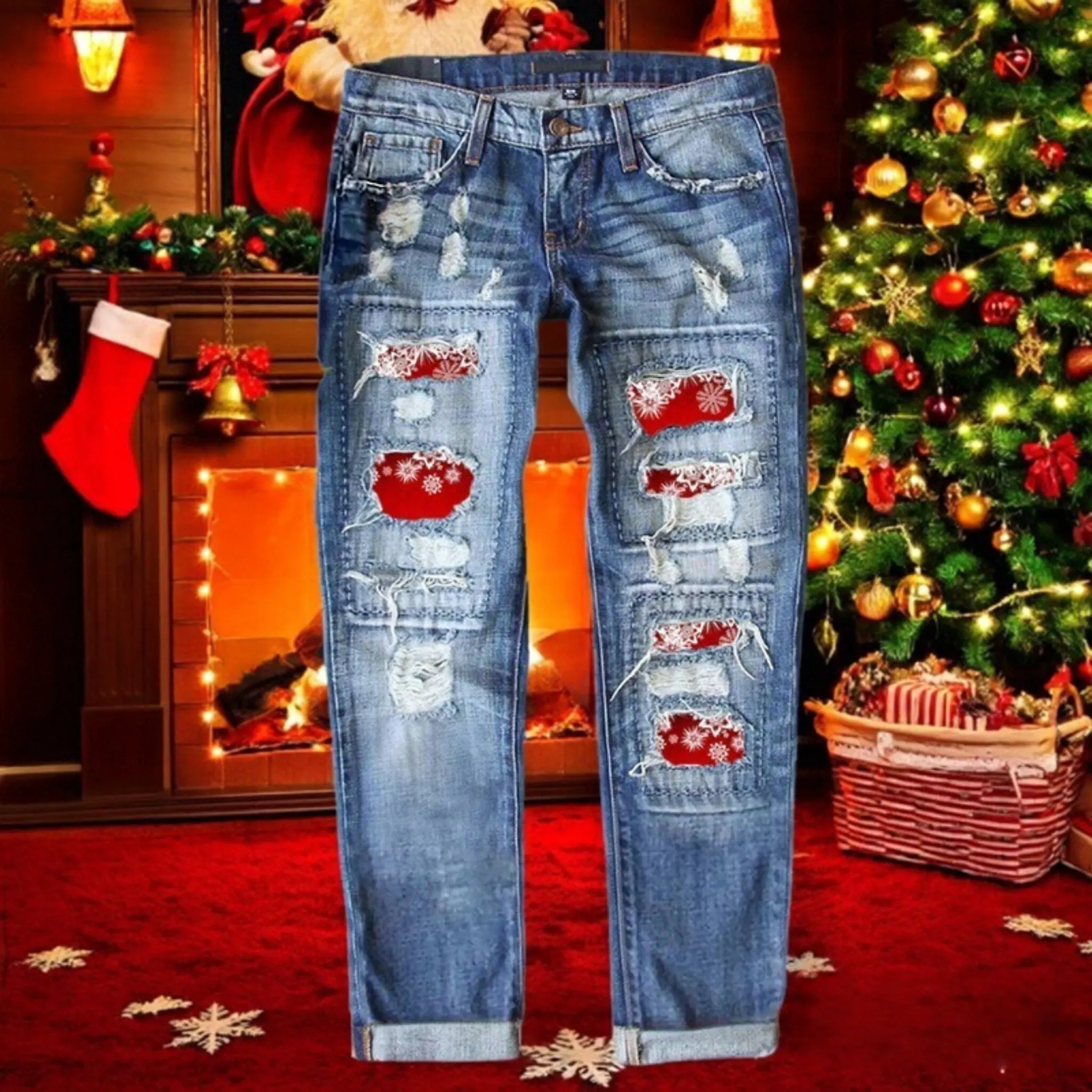 Women's Christmas Printed Ripped Straight Leg Jeans, Cute Streetwear Lady Bottoms with Button Details, Casual, Comfortable, Denim, Fitted, Pants, Button Front, Cartoon, New Year, Party