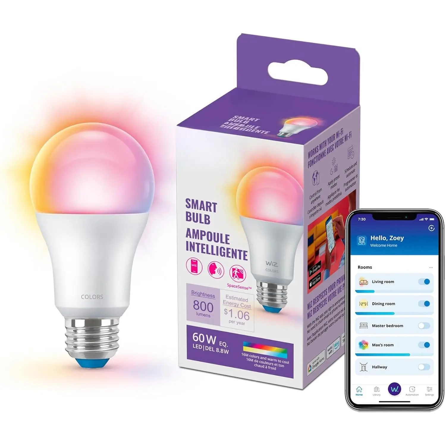 Smart A19 Shape LED Bulb, 60W 800LM E26 Indoor Color Changing (16M Colors), Sunset-to-Sunrise Automation, Motion Detection, Voice Control, Brightness Adjustment, Matter Compatible - 1 Pack