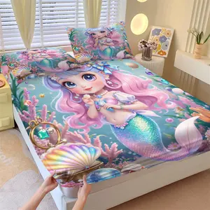 Underwater World Cute Little Mermaid fitted sheet, Bedsheet Sets, Princess Style Girl Bedroom Decoration,including 1 bed sheet and 2 pillowcases,Non slip Dust Cover Suitable for Bedroom and Guest Room,Suitable for Personal Use or Gift Giving