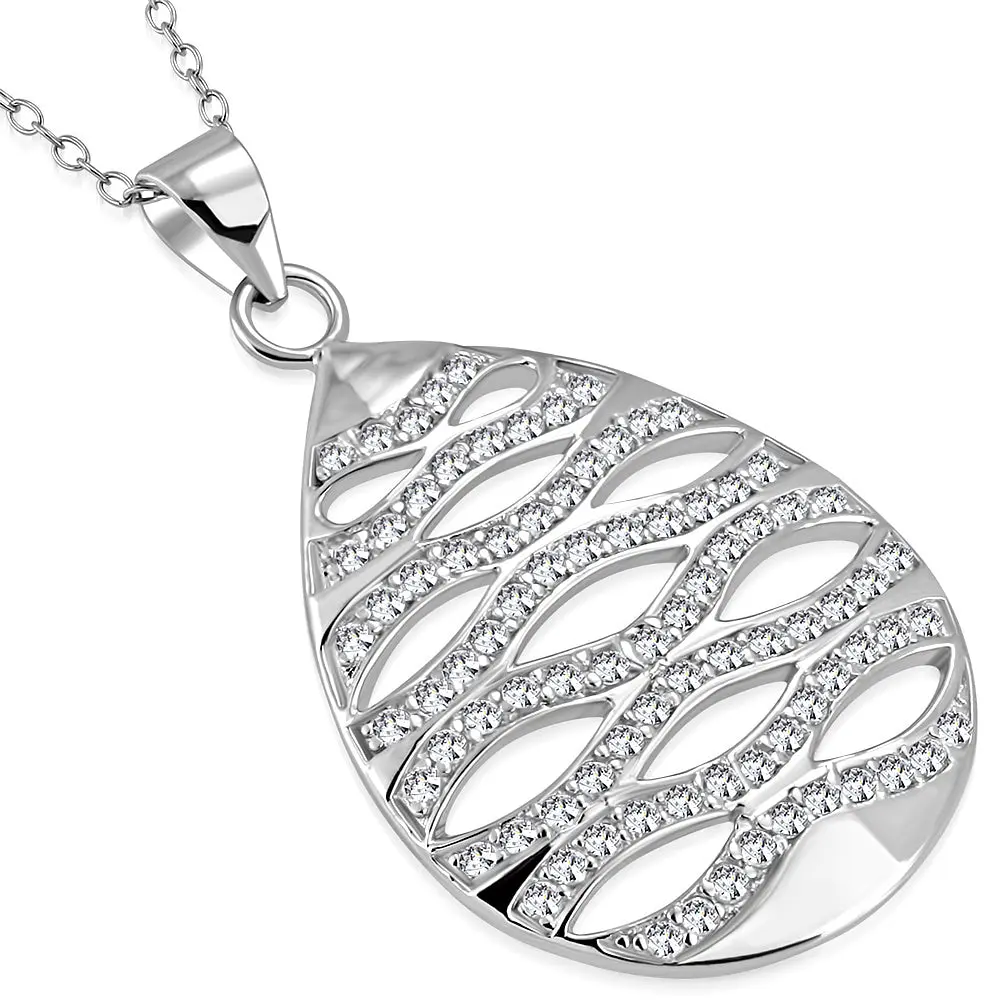 925 Sterling Silver Clear CZ Teardrop Ornament Large Statement Pendant Necklace, Adults, Female
