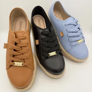 Beira Rio Brazilian Tennis Shoes for Women Comfort Casual Sports with Gold Lace Detail and Espadrille Sole