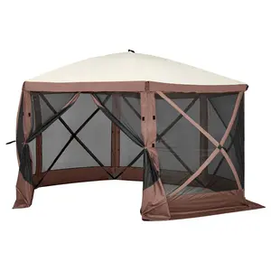 Pop Up Gazebo Tent 12.5x12.5FT, 6-Sided Screen Tent with Privacy Cloths & Mesh Windows, Quick Set Camping Canopy Sun Shelter, Mosquito Netting, Brown 12.5 x 12.5 ft