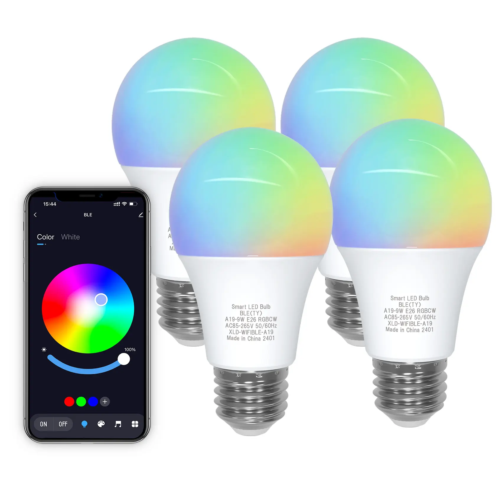 Bluetooth Smart LED Light Bulb, 9W A19 E26 App Controlled Dimmable RGB CW 900 Lumens, 220° Beam Fills Rooms, Music Sync for Immersive Fun, 1/2/4 Pack (No WiFi Connection), Color Changing