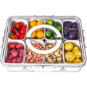Divided Serving Tray with Lid and Handle - Snackle Box Charcuterie Container for Portable Snack Platters - Clear Organizer for Candy Fruits Nuts Snacks - Perfect for Party Entertaining