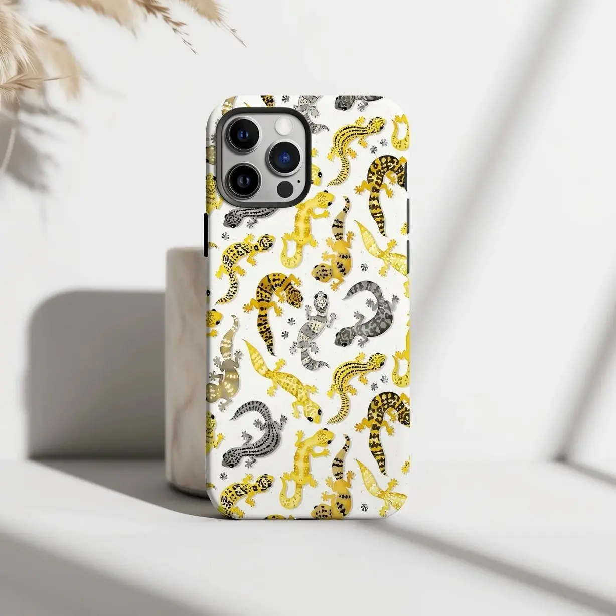 Leopard gecko Phone Case, Yellow Black Lizard Pattern Cute Animal Print Protective Cover for iPhone 16 15 14 13 12 11, Samsung S25 S24 S23