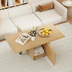 Convertible Foldable Coffee Table with Storage Cabinet, Storage Doors and Wheeled Base