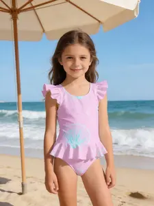 New sweet nautical-style summer one-piece swimsuit for girls, featuring a pink base with seashell and starfish prints and ruffles—perfect for the beach, pool, or water play, and also great as casual outdoor wear