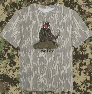 Mr. Fox Whitetail Mossy Oak Bottomland Camo Tee | Men's Washed Out Shirt, Original Stretchy T-Shirt for Men Women, 3D Camo Style T-Shirt, Fanmade Design