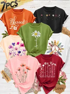7Pcs Women's Crew Neck T-Shirts, Boho Floral Series Print, Multiple Colors Available, Machine Washable, Spring & Summer Womenswear Tops, Soft Skin-Friendly Fabric, Daily Versatile, Casual Fashion Design
