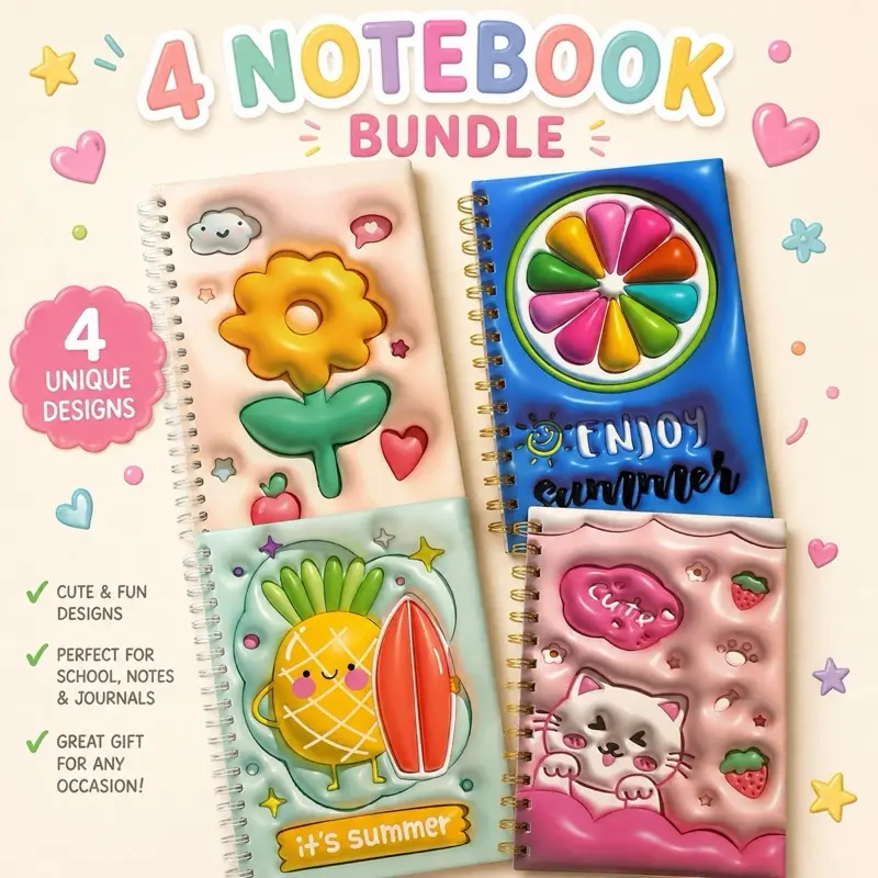 4 Cute Notebook Bundle | Printable Spiral Notebook Covers | Kawaii School Notebook Set