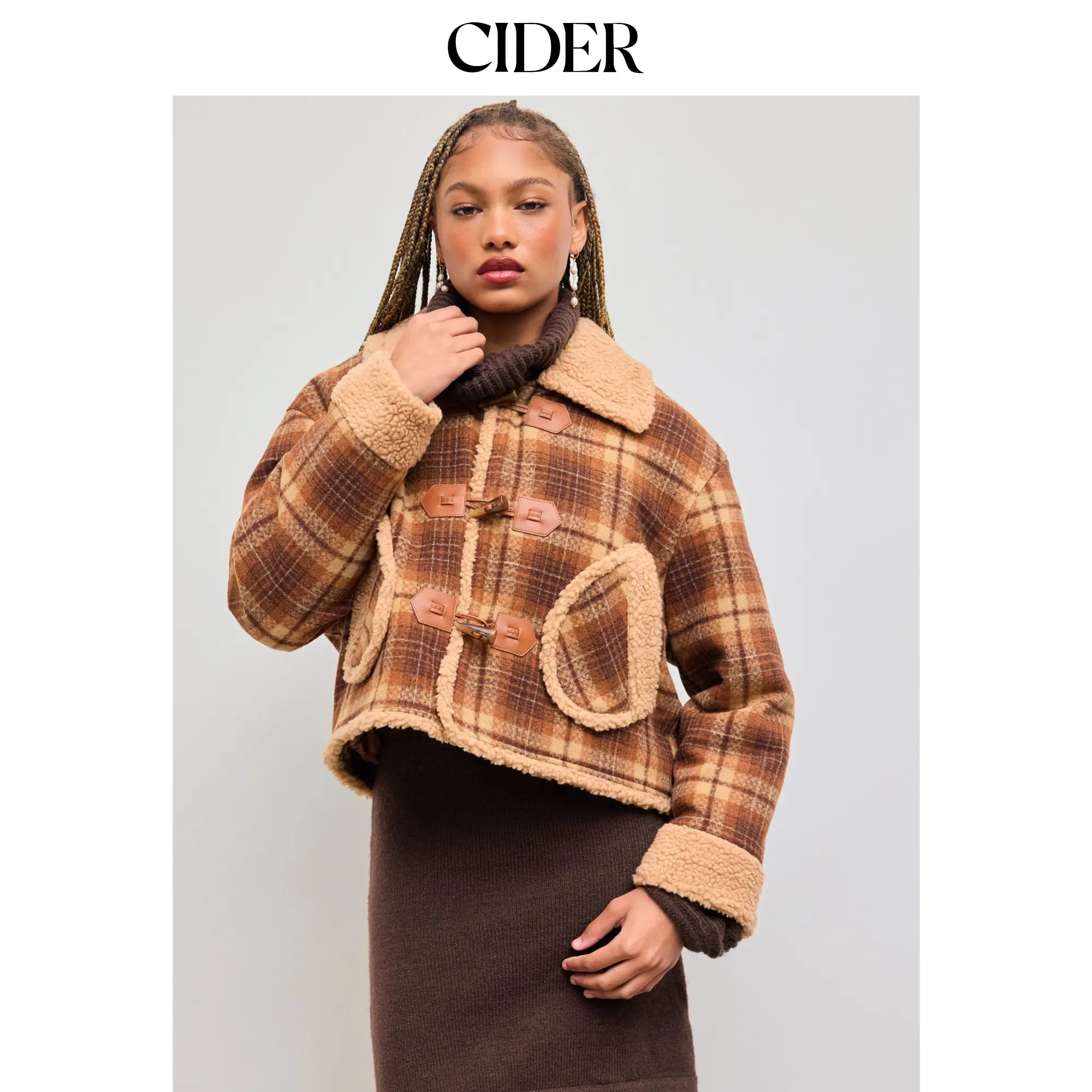 Cider Fleece Collar Tartan Pocket Toggle Button Oversized Jacket