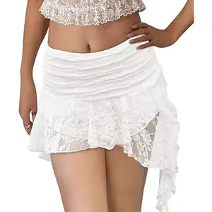 Women's low waisted pleated lace mini skirt, short layered, elegant, asymmetrical, fairy like, semi smooth, soft, breathable, elastic, comfortableRAIMENTRY