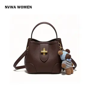 The Espresso Bear Bucket Bag - Preppy Vintage Top Handle Satchel Pebbled Vegan Leather with Gold Clasp and Cute Plush Charm for College Casual