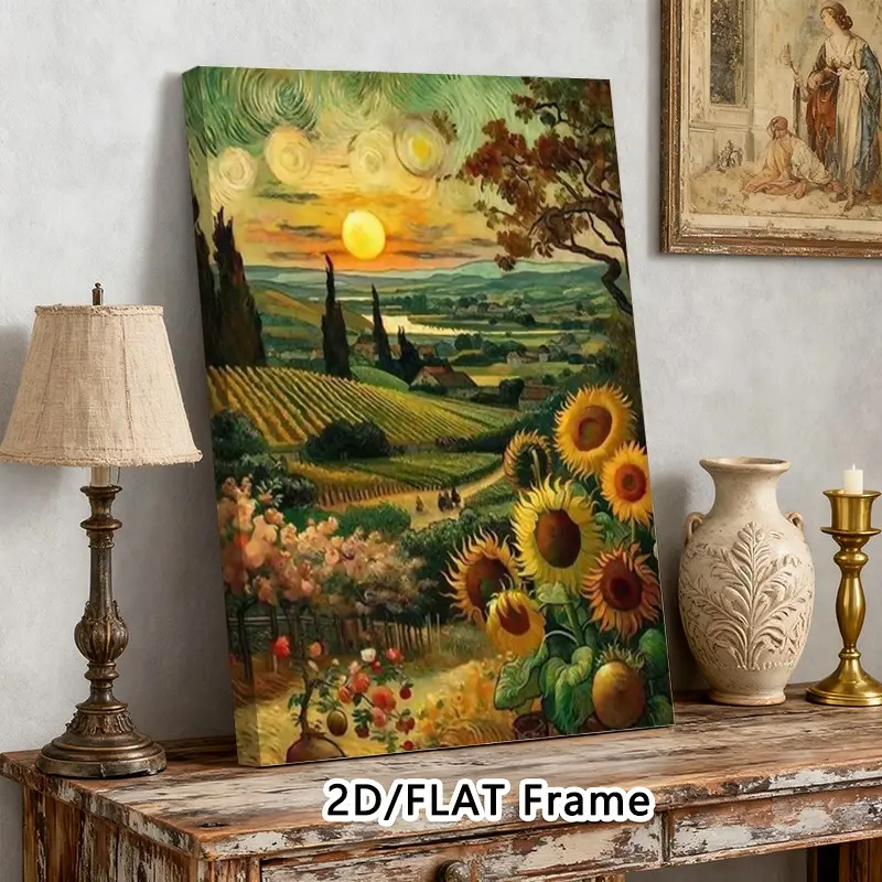 Framed Van Gogh Sunflower & Sunset Canvas Print, Modern Wall Art, Large Size Decor for Bedroom, Living Room, Perfect Gift, Summer & Halloween Home Decor, Artistic Indoor Decoration