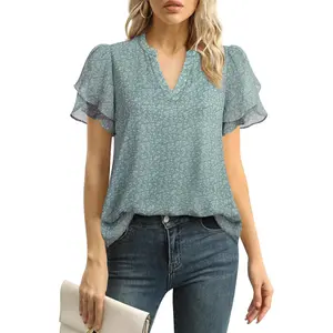 Womens Dressy Chiffon Blouses Summer Puff Petal Short Sleeve Shirts V Neck Casual Work Tops