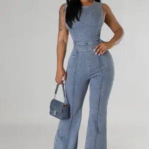 Women denim blue flair open back Comfortable Romper pants bowtie jumpsuit bodysuit