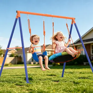 Aowos Swing Set for Kids, Saucer Swing with Heavy-Duty Metal Frame and Adjustable Ropes for Kids Outdoor, Safe Waterproof Round Swing for Backyard Playground Park, Playground for Kids, Rainbow Color, Birthday Gift, Columpio para niños, Christmas Gift