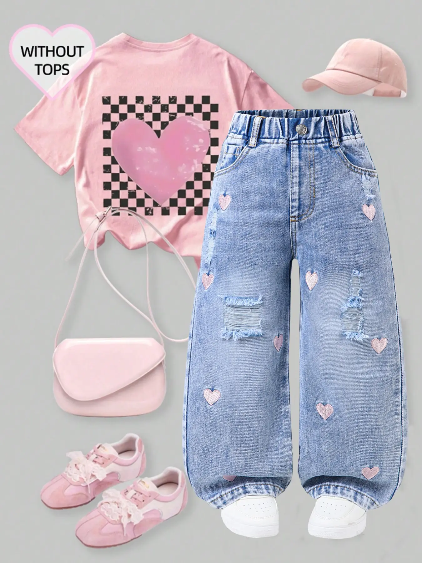 Girls' Denim Wide Leg Jeans, Light Blue Wash, Sweet Cute Casual Style, Heart Embroidery Ripped Design, Soft Comfortable Cotton