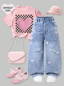 Girls' Denim Wide Leg Pants, New Season Light Blue Jean Color, Sweet Cute Style, Heart Embroidery Ripped Design, Comfortable Soft Cotton Fabric, Loose Pants, Denim Jeans, Light Wash Jeans