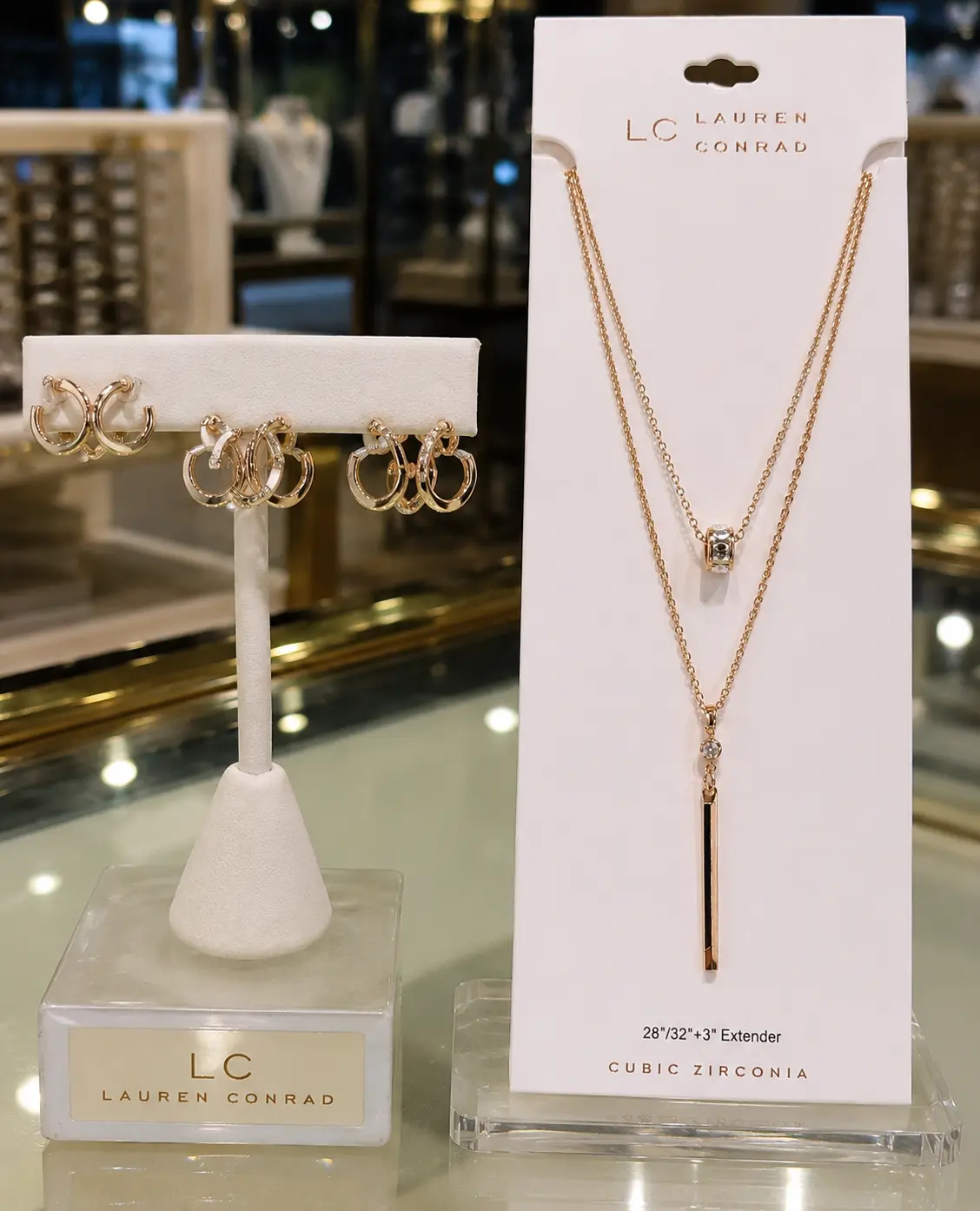 Lauren Conrad (LC) Female 2-Piece Gold-Tone Stacked Geometric Layered Necklace & Coordinated Hoop Earrings Set for Daily Wear