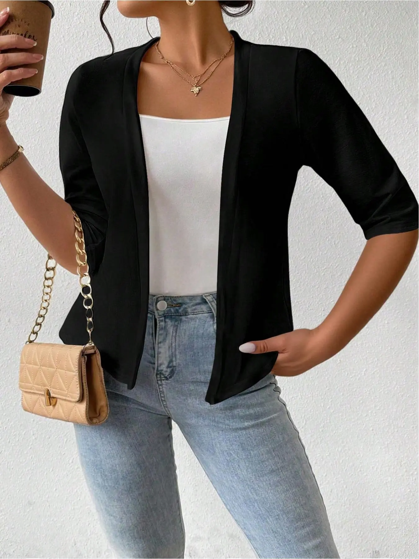 Women's Solid Color Open Front Cardigan, Lightweight Cardigan, Knitted Cardigan Sweater, Casual Chic Knitwear 3/4 Sleeve Knitwear for Fall, Fashion Women's Knit Clothing for Daily Wear, Tops, Casual Classy Top, Womenswear, Casual Fabric Knitwear