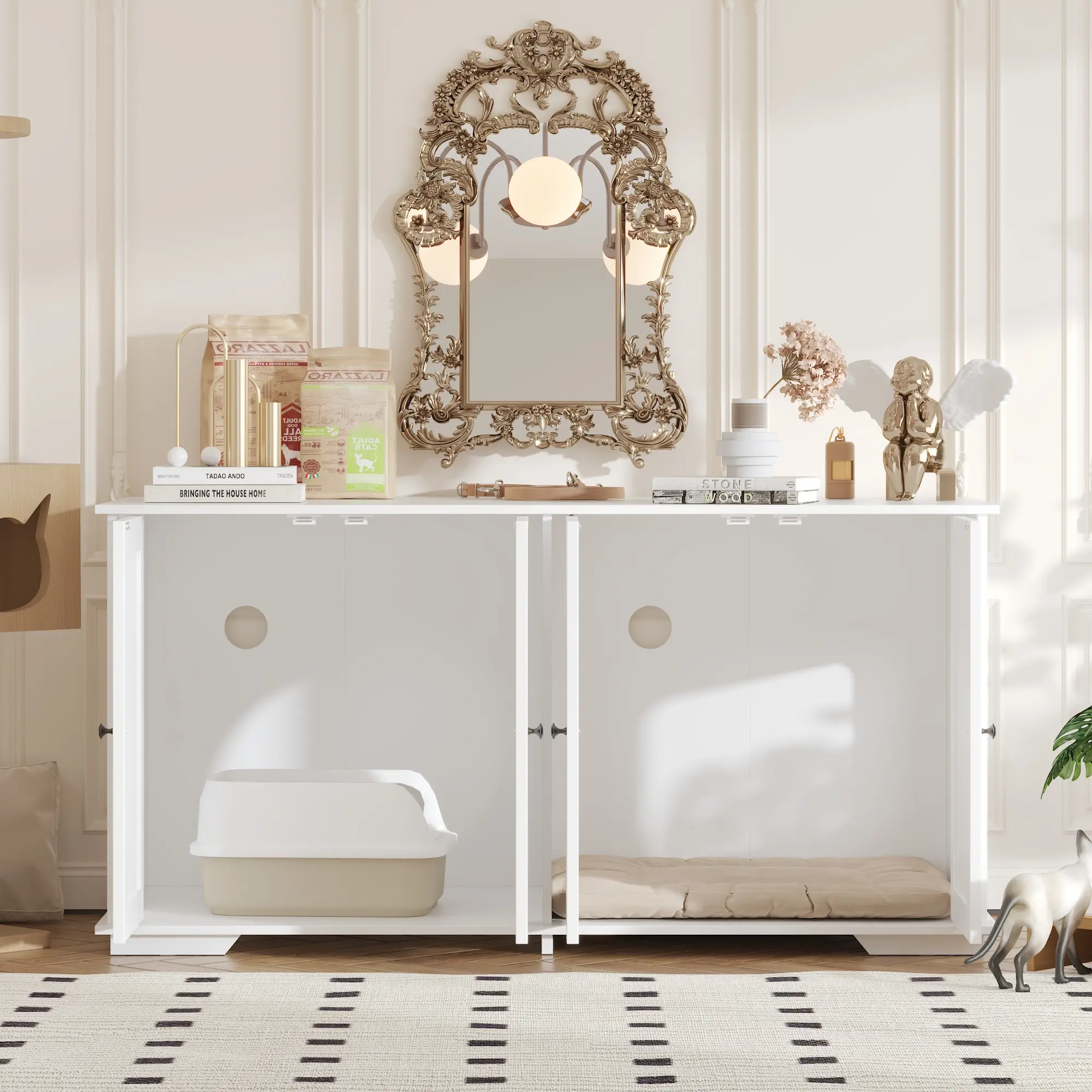 FUFU&GAGA 47.2" Large Cat Litter Box Enclosure Cabinet, Hidden Cat Washroom Furniture with Dual Cat Pass Holes, White Wooden Pet Litter Cover Storage Sideboard